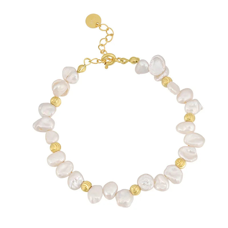 AIJIER 925 Sterling Silver Beaded Bracelet for Women Vintage White Gold Plated Freshwater AAA Grade Baroque Pearl Irregular for