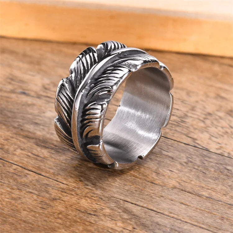 Fashion Design Men Jewelry Ring Stainless Steel Silver Color Vintage Feather Ring