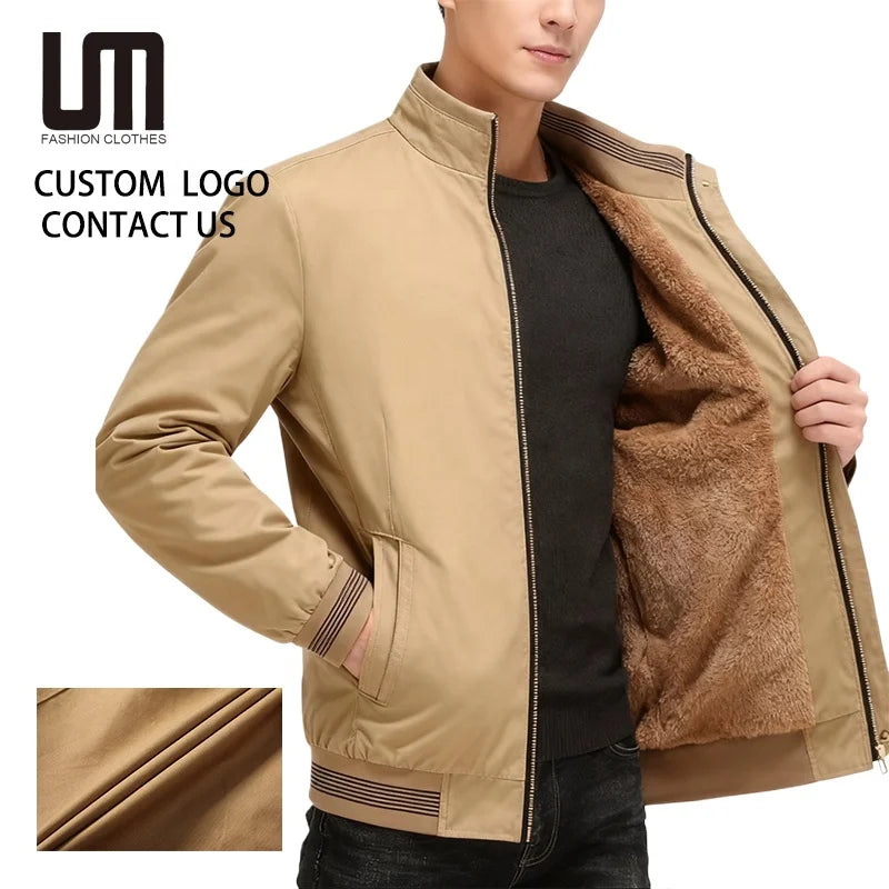 Custom Logo Winter Warm Wholesale New Arrivals Men Thick Fleece Bomber Jackets Windbreaker Stand Collar Outerwear Coats