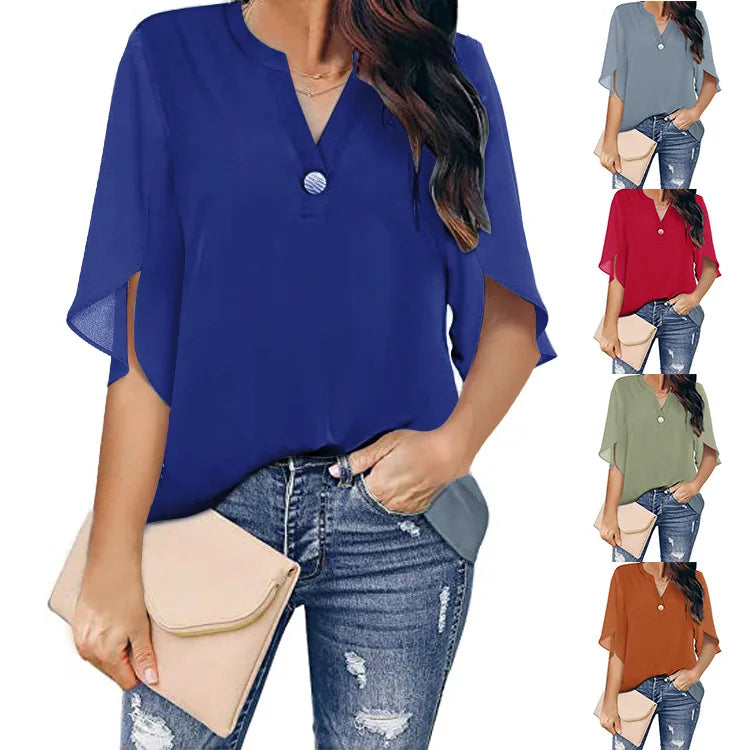 2022 New Style Women Short-Sleeved Blouses Casual Solid Color V-Neck Chiffon Shirt