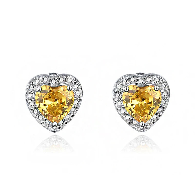 925 Sterling Silver Yellow Diamond Heart Shape Studs Women Simple Fashion Gemstone Stud Earrings