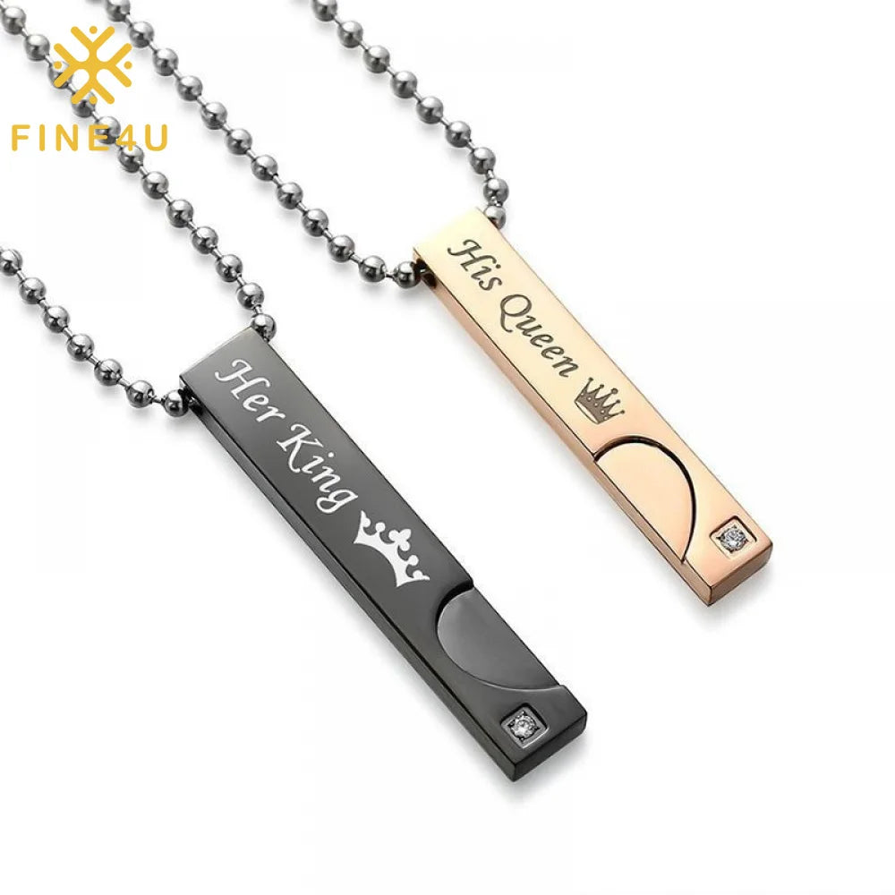 2025 New Valentine's Day  Gift Her King His Queen Necklaces Stainless Steel Stitching Heart Bar Pendant Couple Jewelry Sets