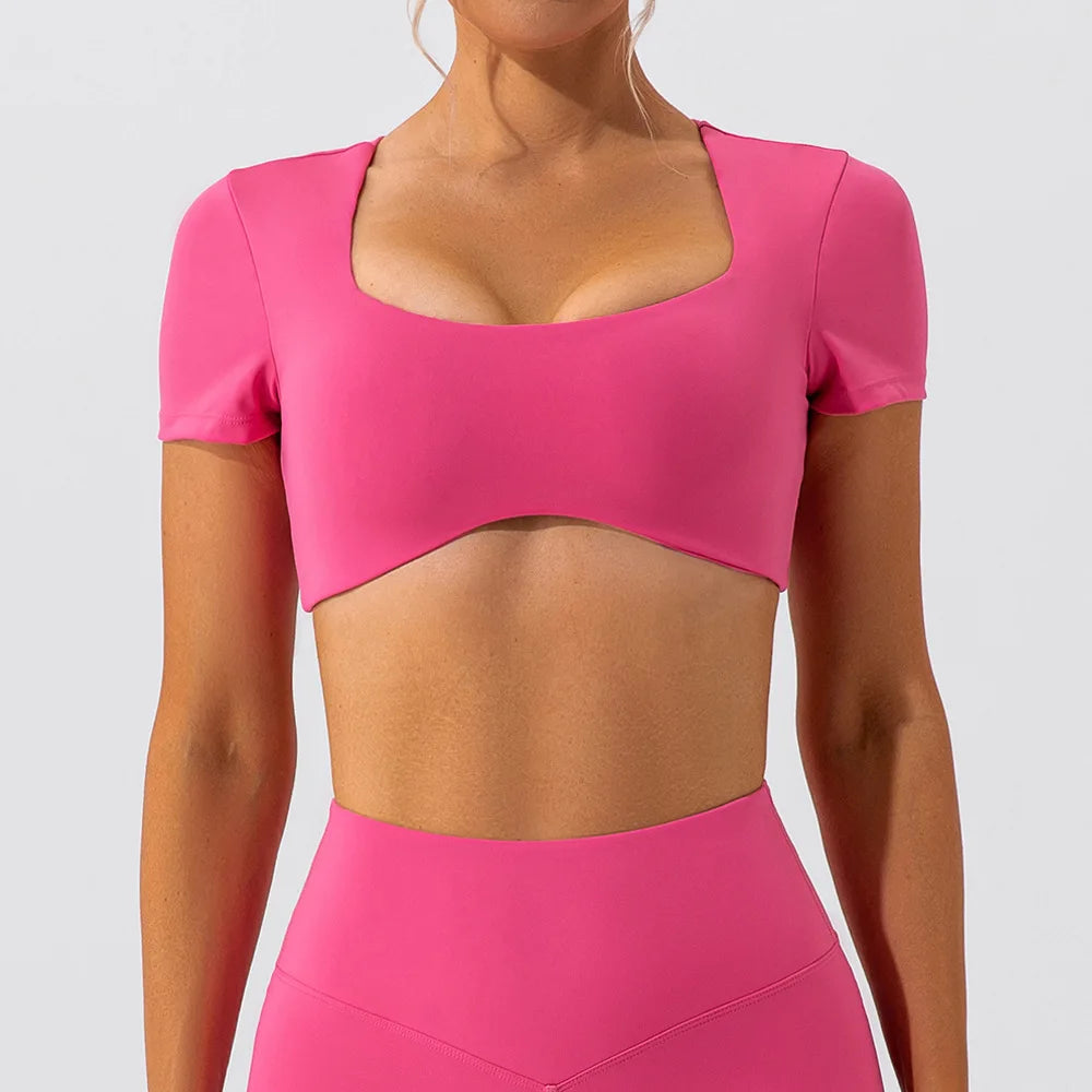 SHINBENE Women Workout Tight Tee Deep U Neck Crop Shirt Athletic Short Sleeve Fitness Crop Top