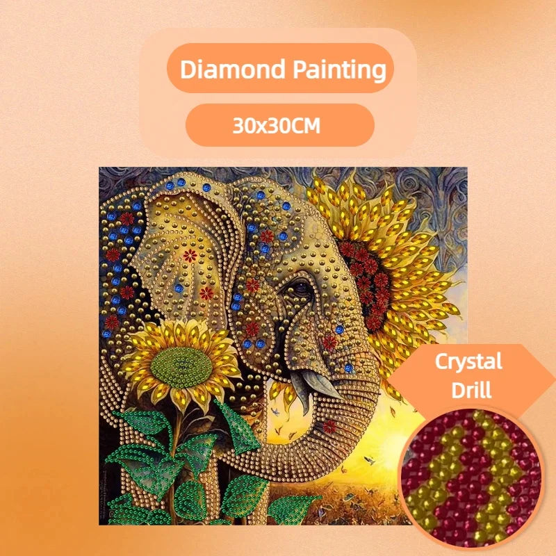 1PC 30x30cm Sunflower Elephant Wall Decor Diamond Painting Irregular Shaped Crystal Drill Animal Diamond Painting for Beginner