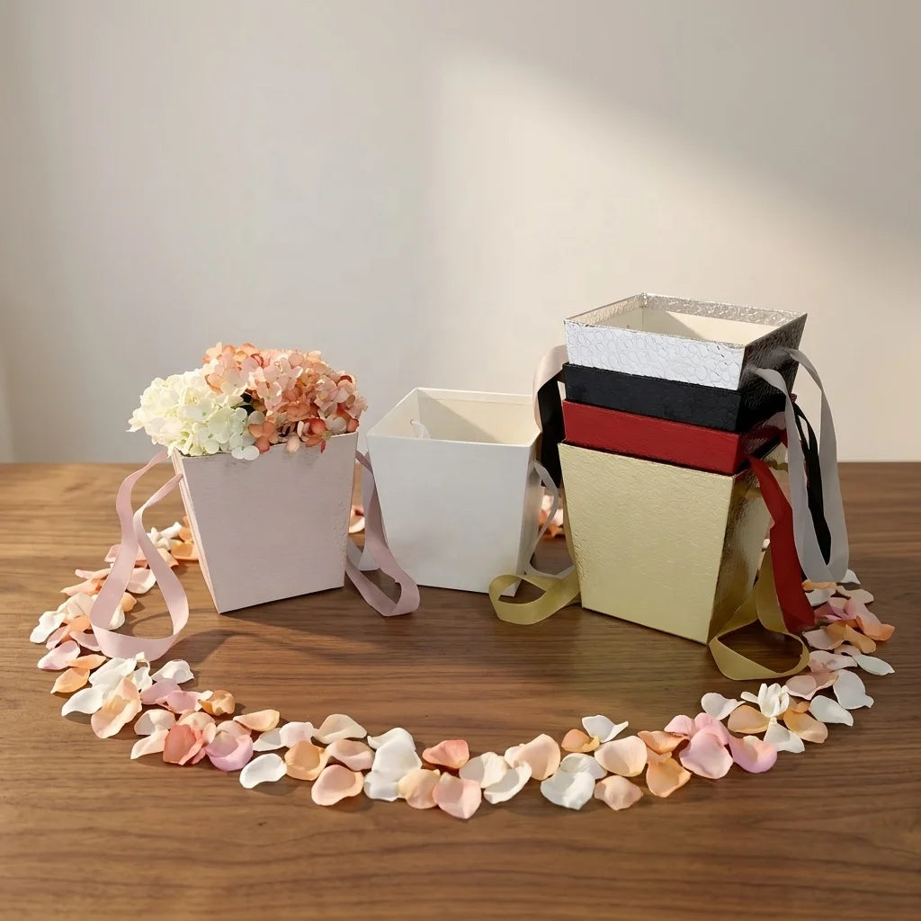 Stock Coated Trapezoidal Flower Gift Box Recycled Materials Matt and Glossy Lamination Elegant Hug Bucket Design