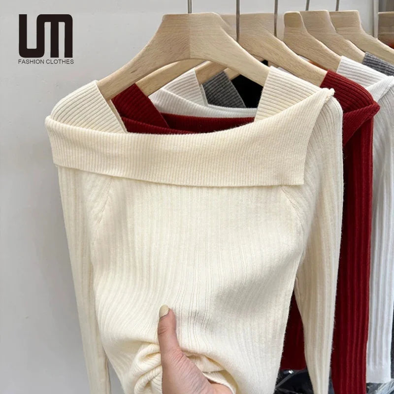 Liu Ming Oem Odm Newest Product Korean Fashion Women Slim Off Shoulder Slash Neck Long Sleeve Knit Sweaters