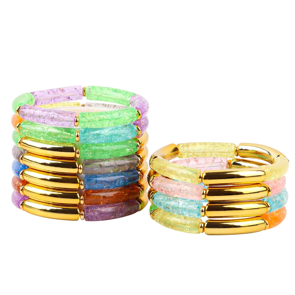 New Fashion Accessories Broken Colored Crystal Glass 7mm Small Bent Pipe Charm Gold Acrylic Bangles