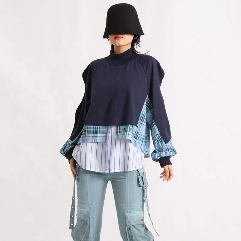 OUDINA Korean Style Patchwork Half Turtleneck Women's Sweaters Autumn Lantern Sleeve Casual Sweater
