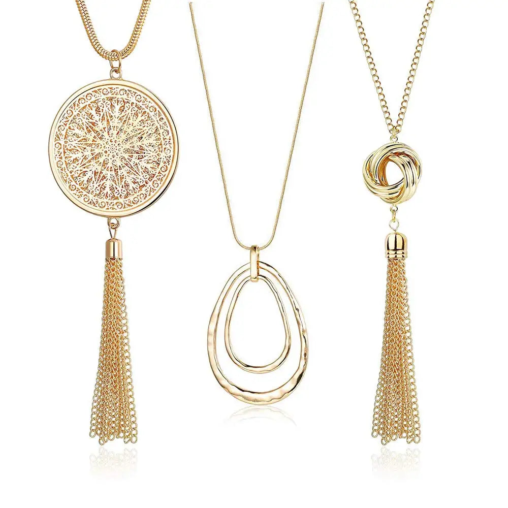 Women's Gold Diamond Statement Necklace Set Knot Disk Circle Tassel Pendant Silver Chain Elegant Sweater Accessory Jewelry