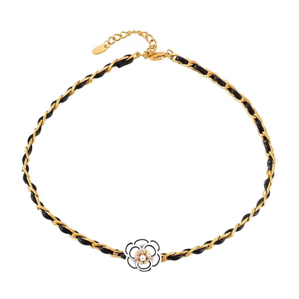 Fresh Personality Leather Rope Winding Jewelry Set Diamond Paint Design Sense Camellia Pendant Stainless Steel Necklace
