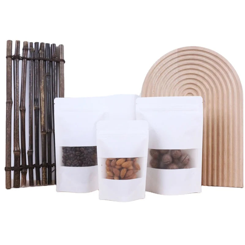Best Selling White Kraft Paper Stand-up Pouch with Window for Food Snack Flour Powder Storage Display Manufactured by Top Brands