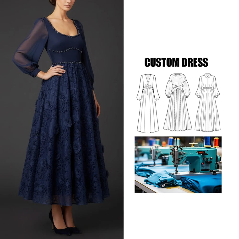 Custom High-Grade Women's Retro Hollow Style Maxi Dress Brand Beaded Lace Casual Square Collar 3D Floral Evening Dress