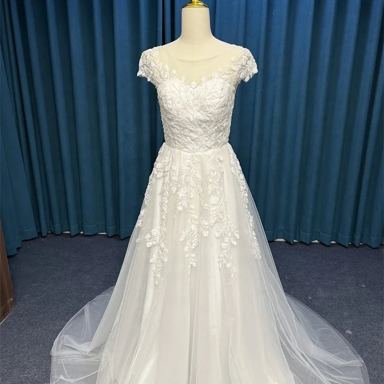 Long  Ladies Lace-up Wedding Dress Robes De Marriage  Princesse En Dentelle Et En Satin Robe De Mariage  Hidjab