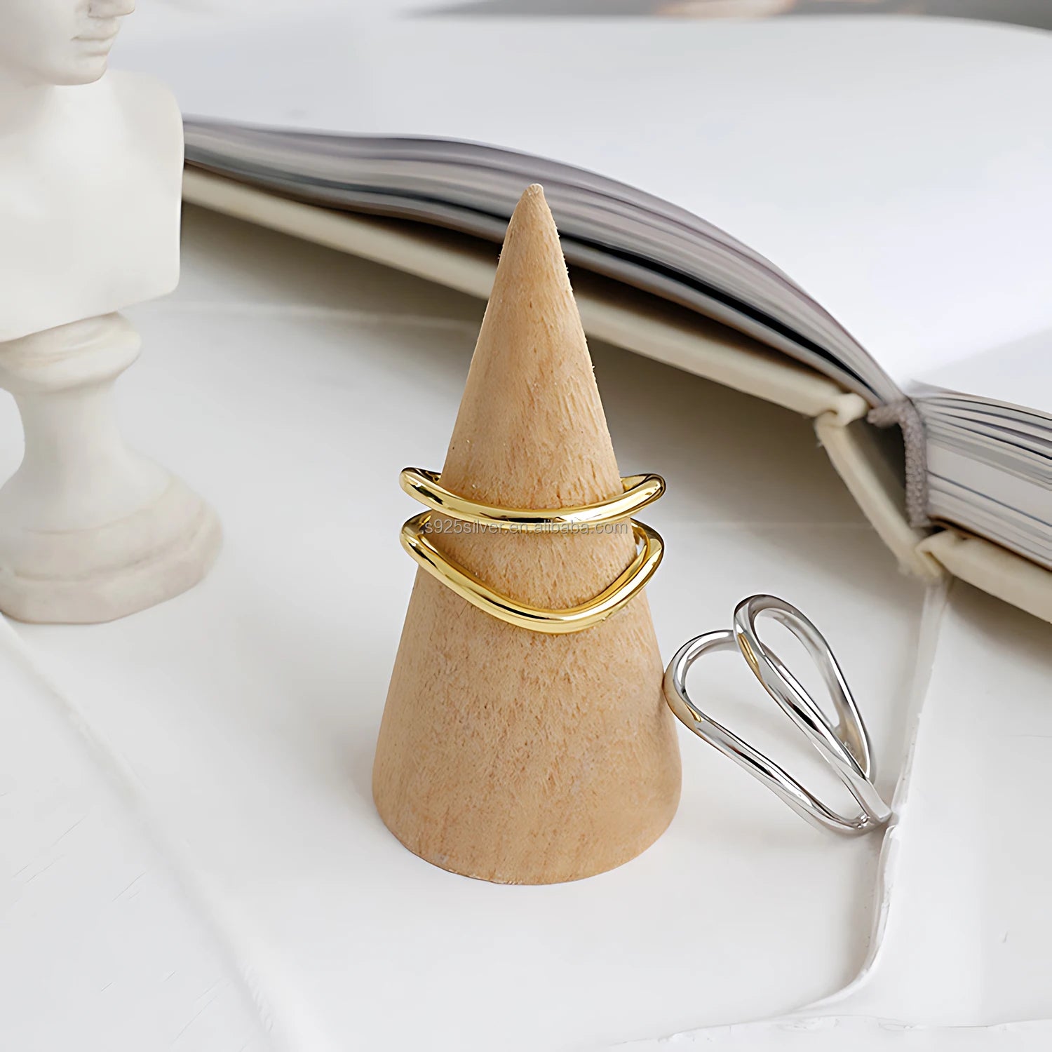 2025 Trendy Women's Gold Plated Open Band Ring Fine Jewelry 925 Silver Geometric Double Line Adjustable Ring Jewelry for Women
