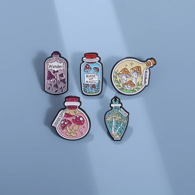Mushrooms in a Bottle Enamel Pins Custom MADE of MAGIC Brooches Lapel Badges Funny Jewelry Gift for Kids Friends