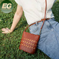 EMG6753 Trapeze Genuine Leather Bucket Bag Luxury for Women Picnic Woven Ladies Beach Handwoven Straw Tote Bags
