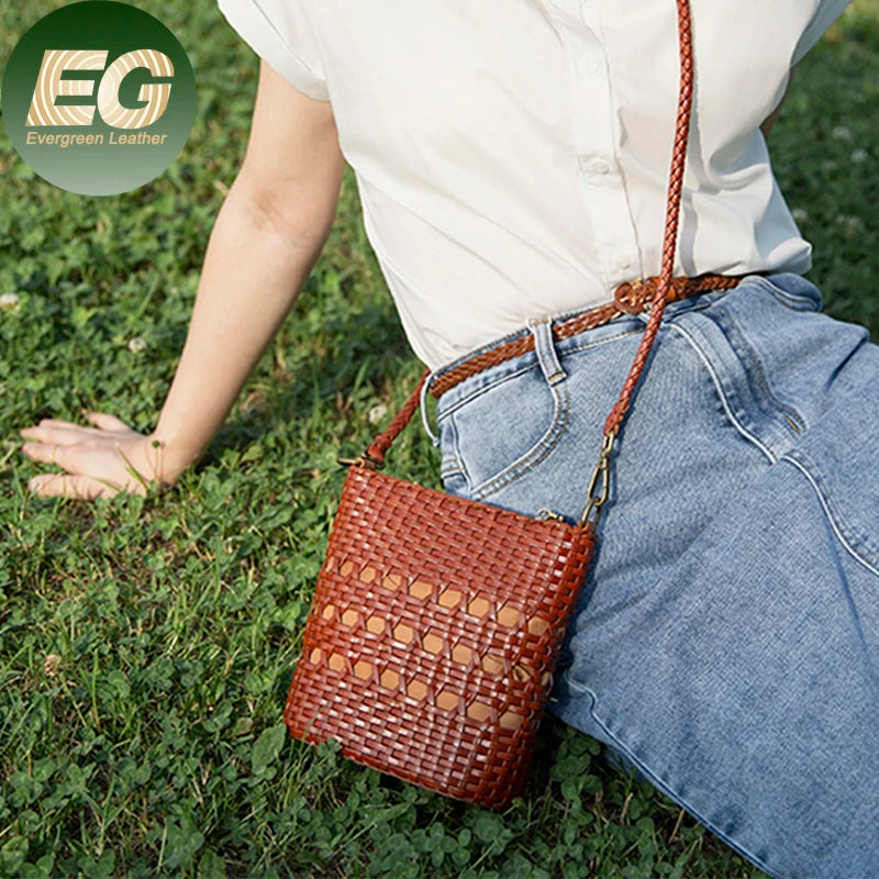 EMG6753 Trapeze Genuine Leather Bucket Bag Luxury for Women Picnic Woven Ladies Beach Handwoven Straw Tote Bags