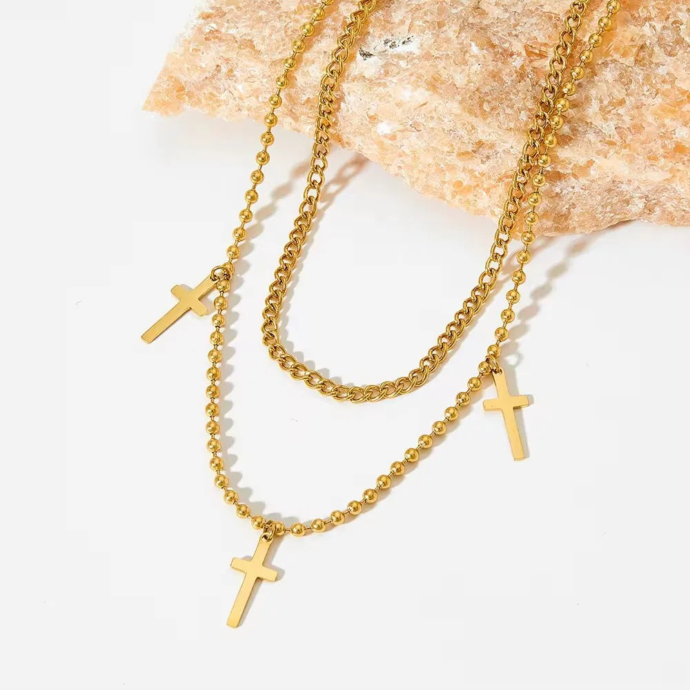 Minimalist Stainless Steel Layered Chain Necklace 18K Gold Plated Christian Cross Pendant Trendy Accessories for Engagement