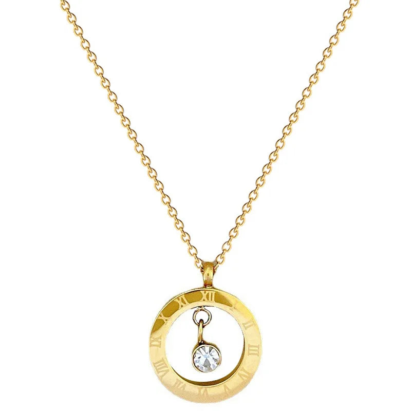 Women Wedding Celebration Bridal Chain Necklace Roman Ring Simple Zodiac Print Pendant Gold Stainless Steel Titanium Necklace