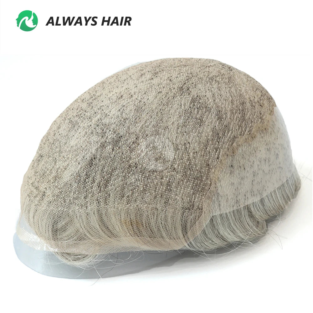 Q6 Men's Hair Toupee 130% Density Real Indian Human Grey Hair 8x10 Mens Toupee