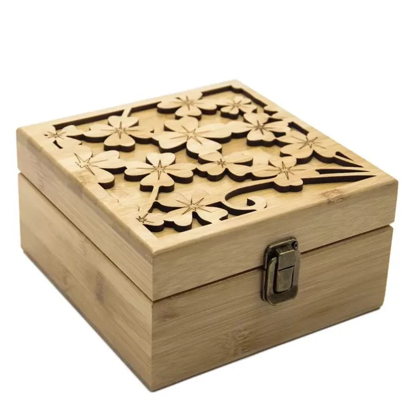 Handcrafted 25-Bottle Wooden Essential Oil Box Bamboo Wood with Floral Carving & Painted Decorative Pattern Gift Box