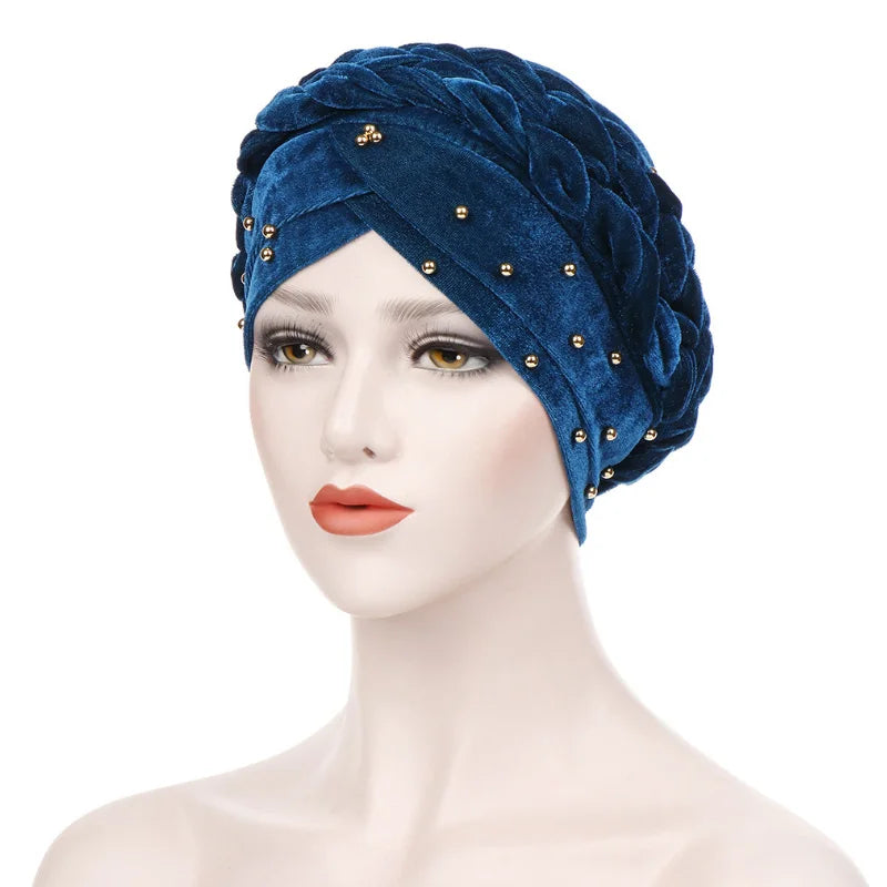 New Forehead Cross Flannelette Long Braids Nailed Bead Headgear Hat Solid Color Gold Pearl Headgear Hat