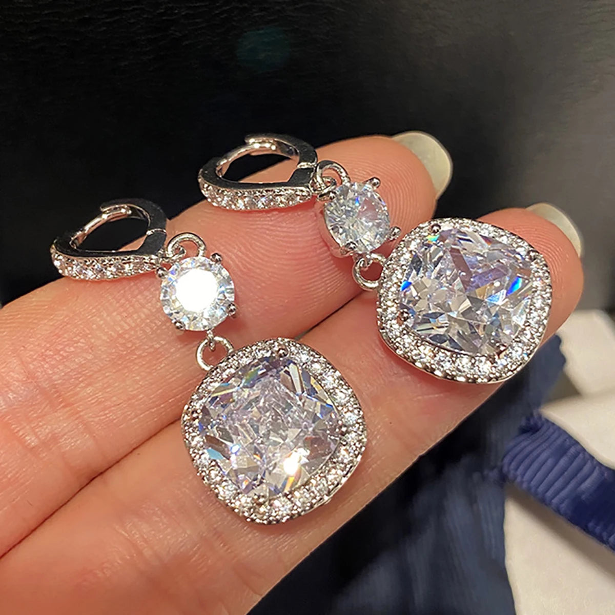 CAOSHI New Design Fashion Bling Square Crystal Cubic Zirconia Dangle Earring for Trend Wedding Women Silver Plated Drop Earrings
