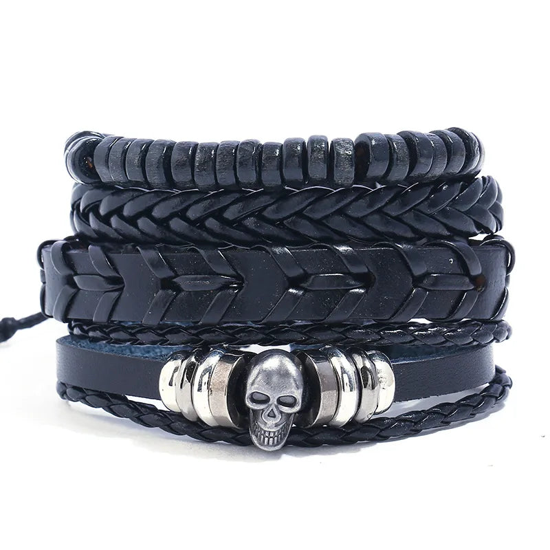 Gothic Skull Woven Bracelet Set Men's Black Leather Braid Fashion Charm Jewelry