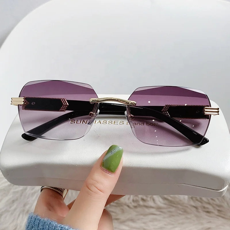 2024 Luxury Brand Designer Diamond Cut Rimless Sunglasses Women Gold Frame Small Rectangle UV400 Protection Custom Logo