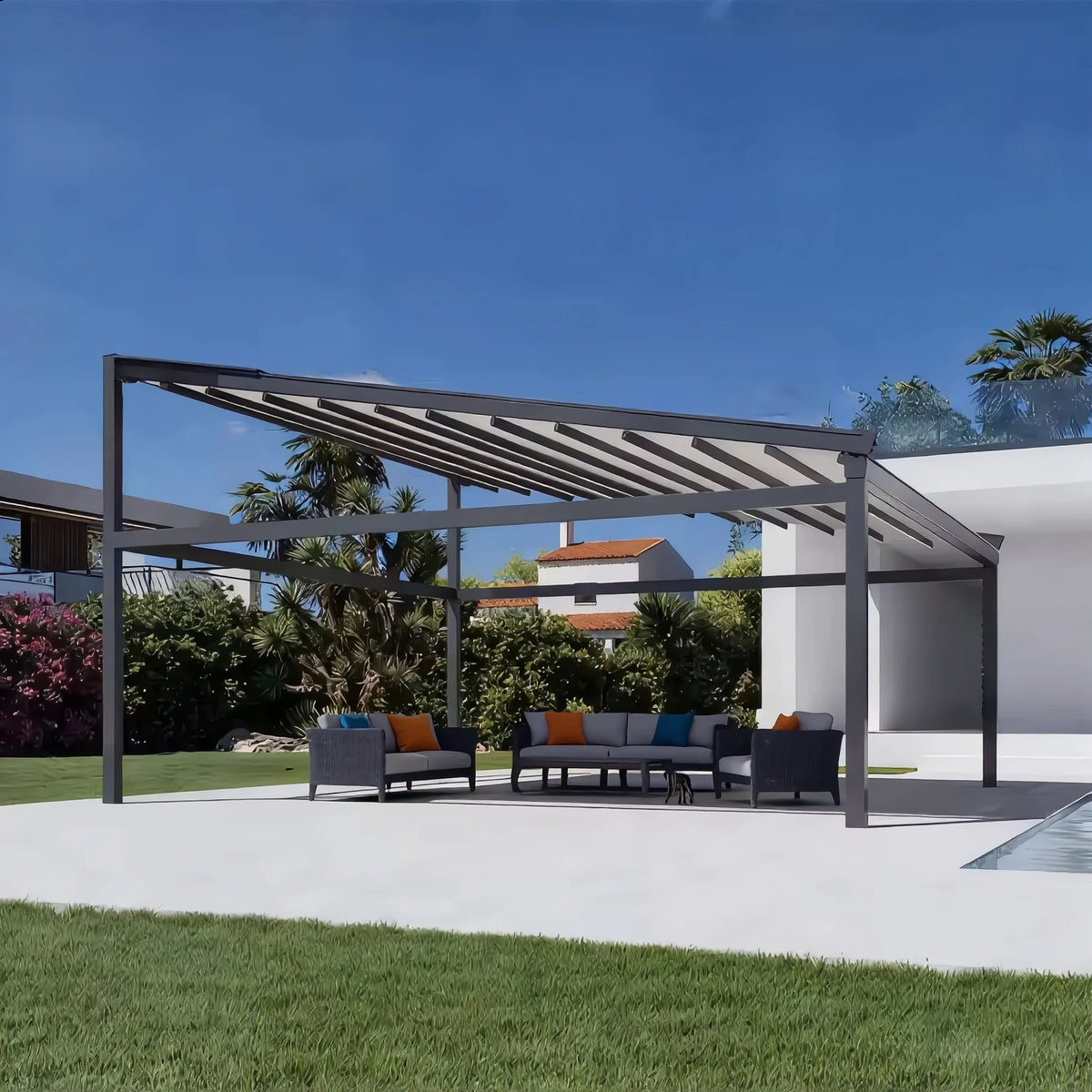 Commercial Retractable Roof Motorized Outdoor PVC Awning Pergola Powder Coated Frame for Restaurant Use MegaBDM