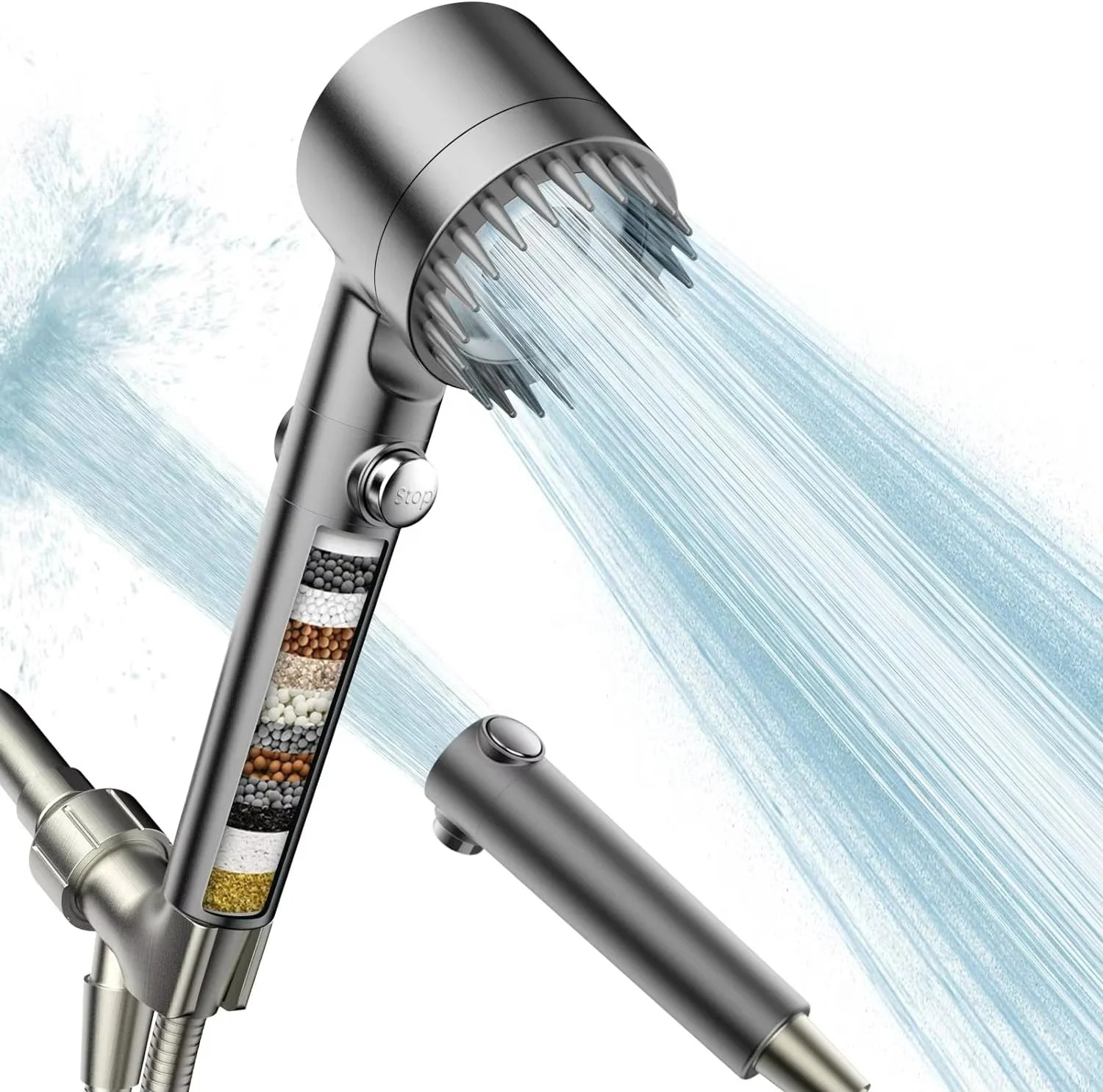 High 3 Mode Adjustable Spray Shower Head Rain Shower with Essential Brush Filter Bathroom Accessory Set
