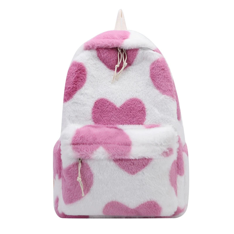 Heart Print Plush Backpacks INS Soft Fur Shoulders Bag Furry Bagpack Love