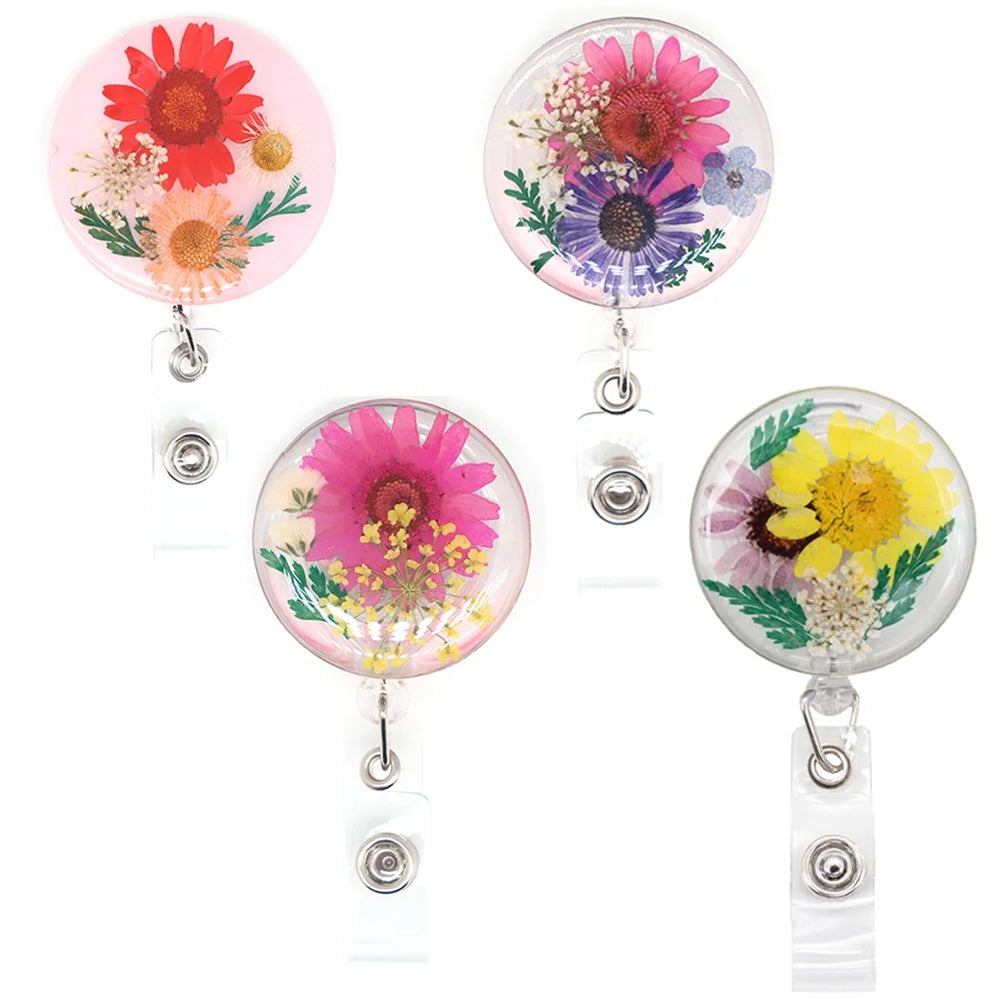 Floral Resin Badge Holder & Work Accessory Shape Dried Leaf Flower Plastic ID Reel for Nurses and Gifts