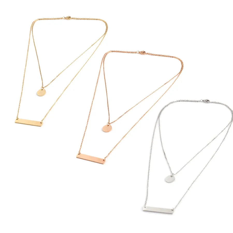 2024 Fashion Jewelry Double Layer Gold Personalized Stainless Steel Blank Bar Disc Charm Necklace
