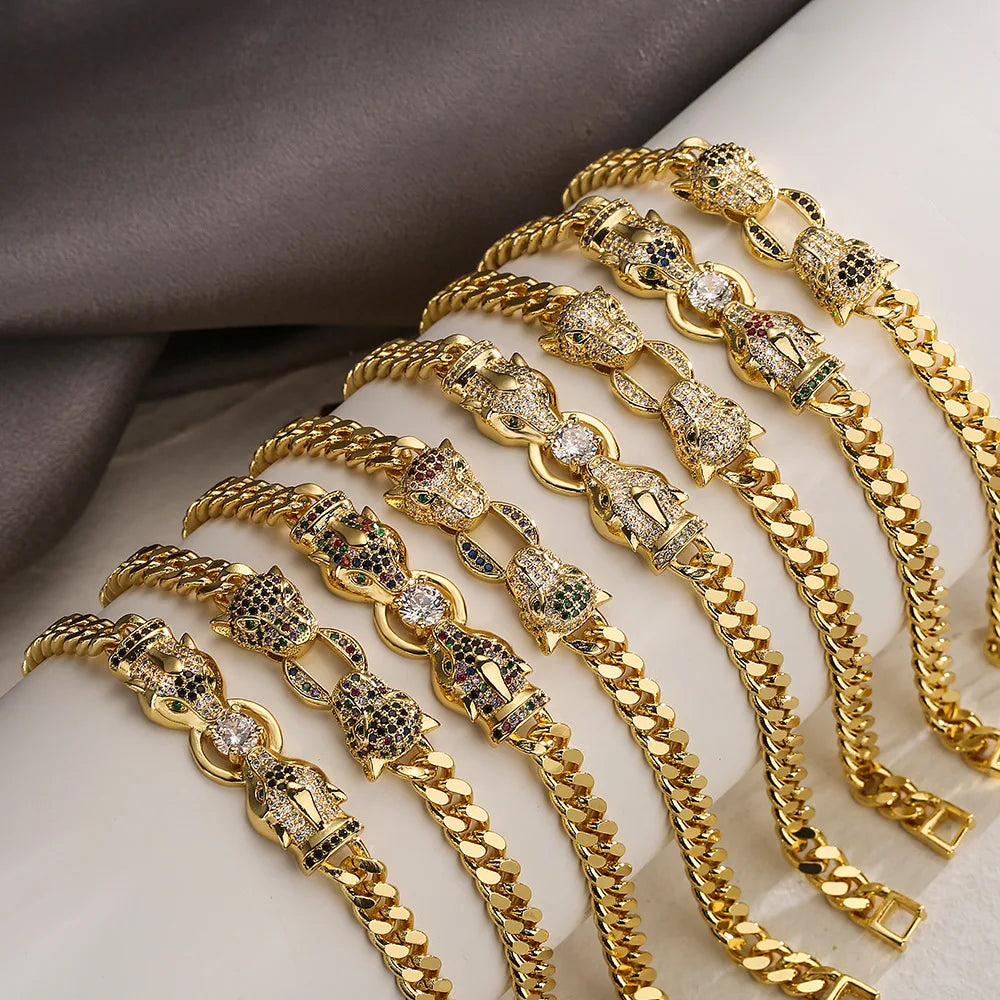 European and American Ladies Personality Hip Hop Hand Jewelry Copper Plated Real Gold Inset Zircon Leopard Cuban Bracelet