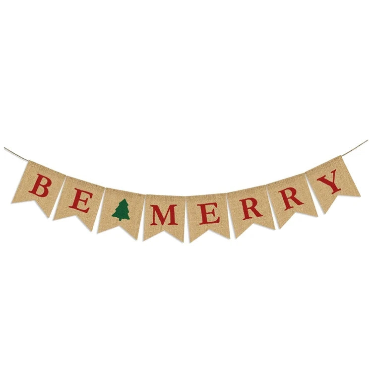 Holiday Natural Be Merry Burlap Banner Christmas Tree Garland Burlap Bunting for Home Decor