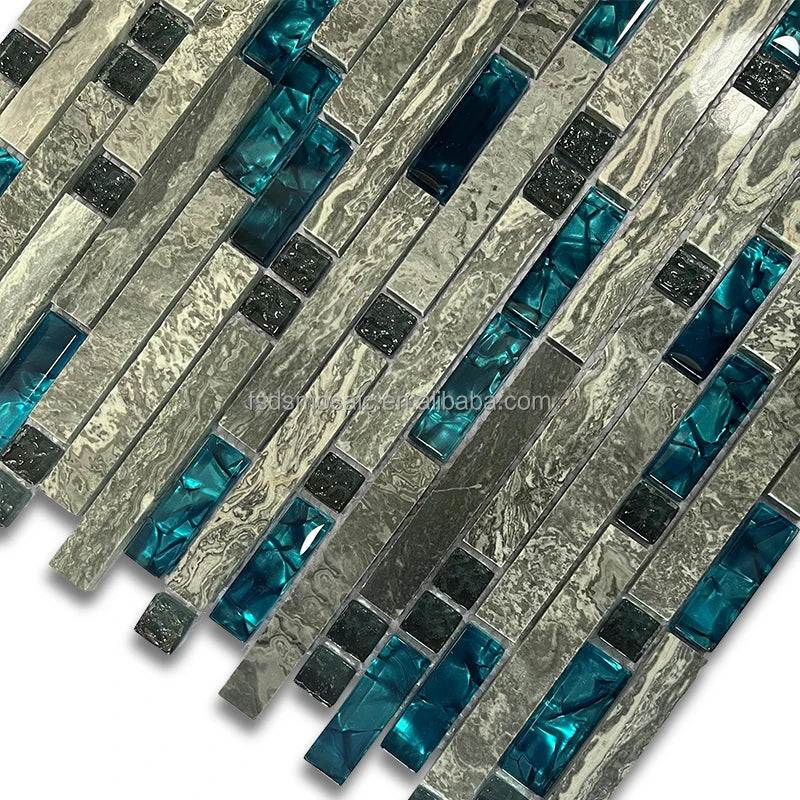 New Arrival Crystal Laminated Blue Glass Mix Stone Mosaic Use for Wall Backsplash and TV Background and Bath Room Wall