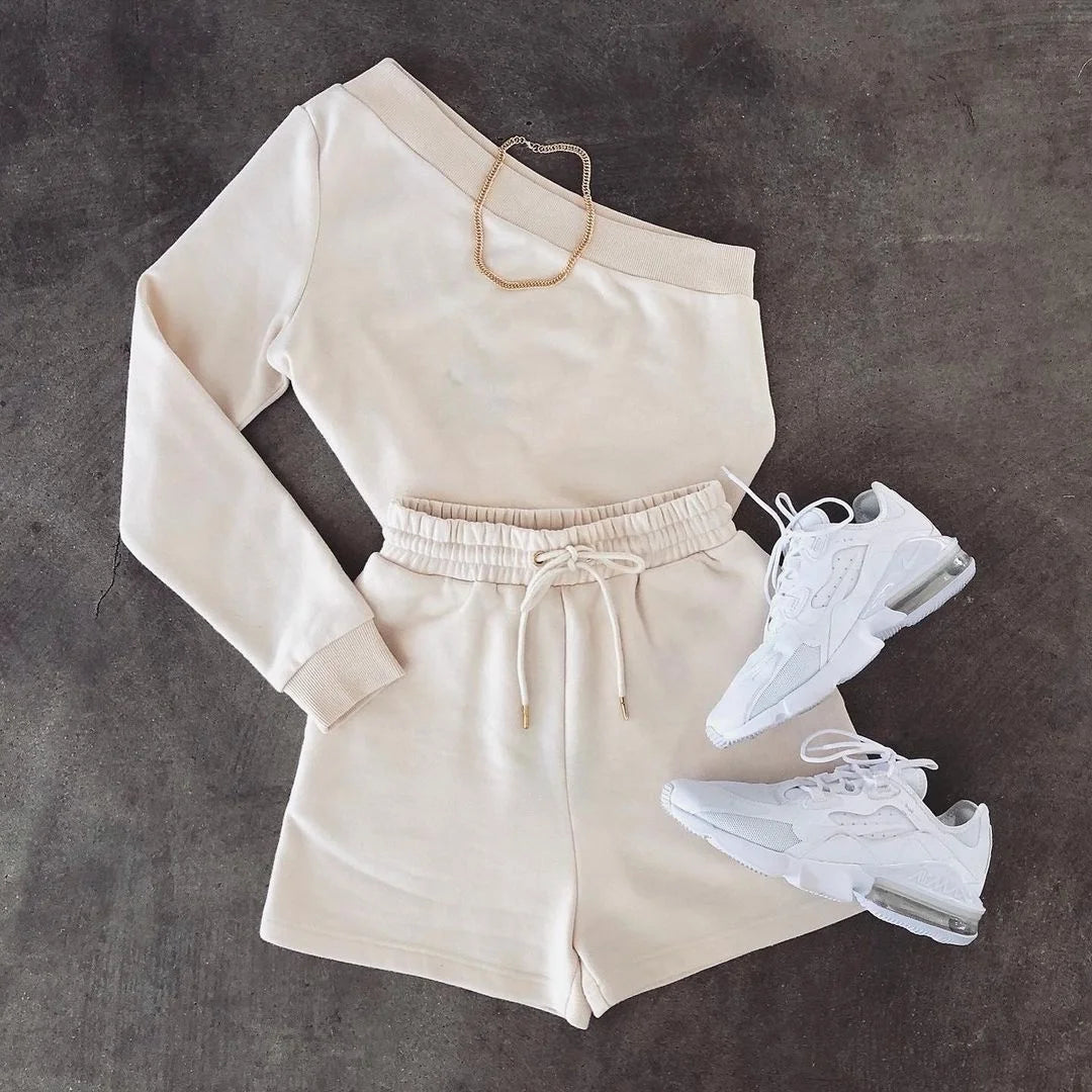 New Fashion Design One Shoulder Sweatshirt and Shorts Set Custom logo Two Piece Short Set Casual Shorts Tracksuit for Ladies