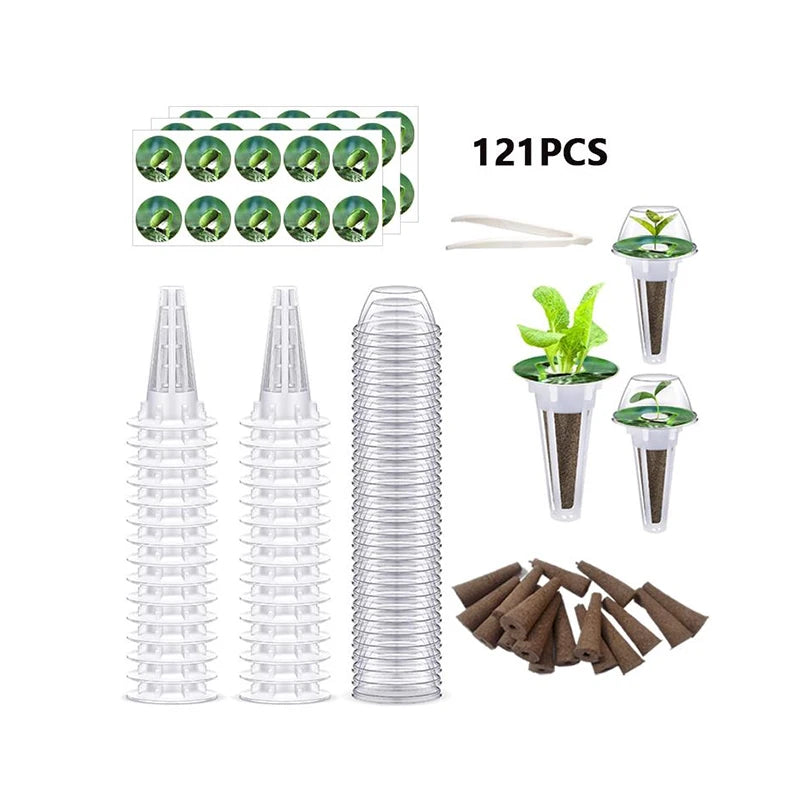 121Pcs Greenhouse Garden Seed Pods Hydroponic Pods Kit Grow Baskets Sponge Pod Labels