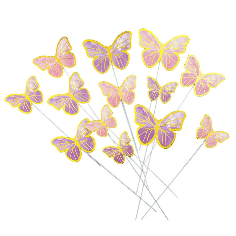Stamping Gold Pink Butterfly Cake Toppers Princess Girl Wedding Happy Birthday Party Decor Dessert Cake Decor Butterfly