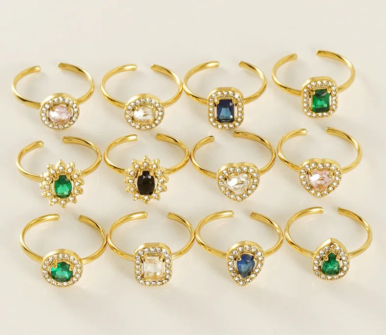 New Colorful 18K Gold Plated Adjustable Zircon Stainless Steel Rings Full Diamond Heart Finger Open Ring for Women Jewelry Gift