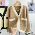 Direct Factory Sale New Arrival V-Neck Cardigan Sweater for Women Contrast Color Design Jacket with Pocket for Winter