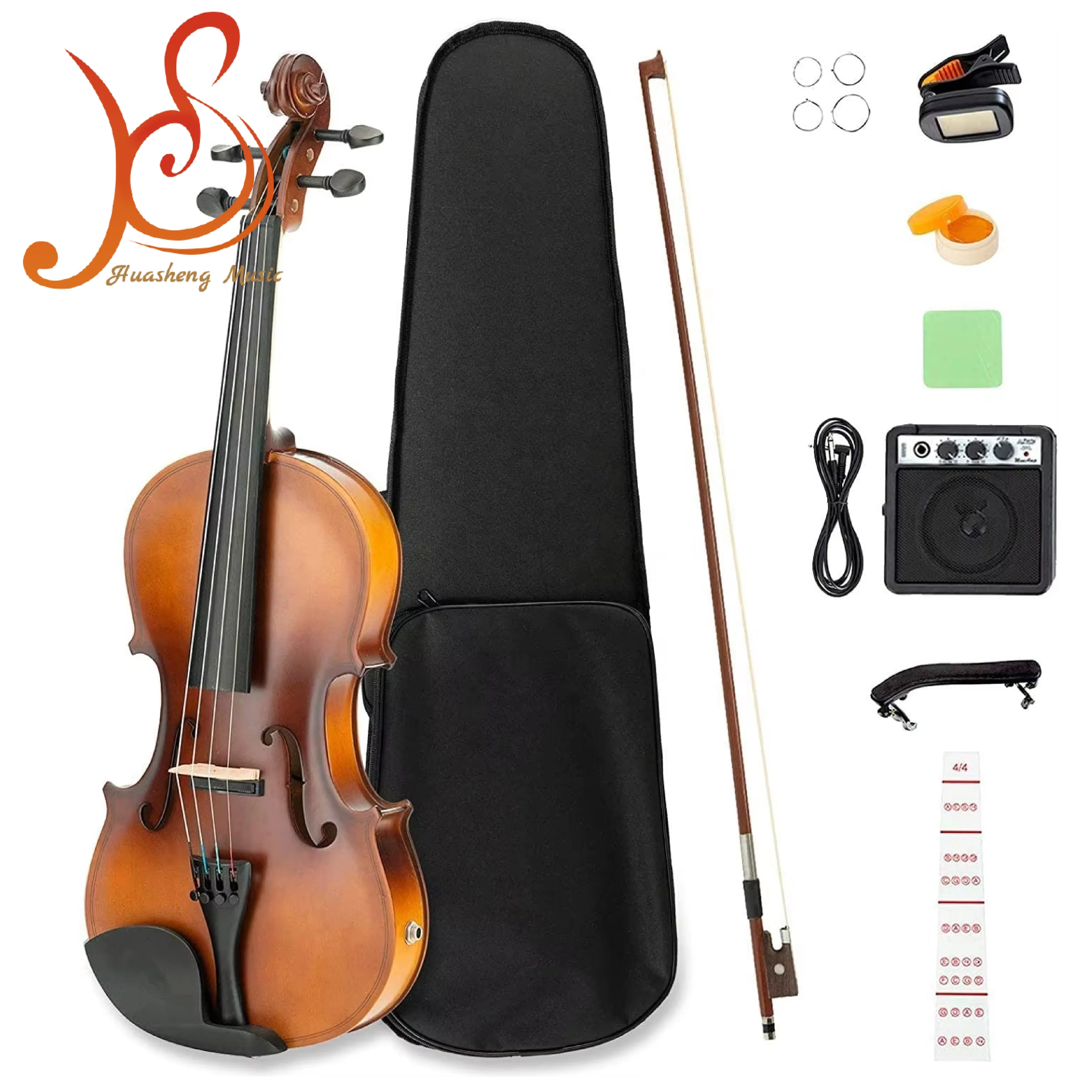 HUASHENG Solid Wood Handmade Electric Violin Beginner Professional OEM ODM Violin 4/4 with Black Case Bow Rosin Tuner