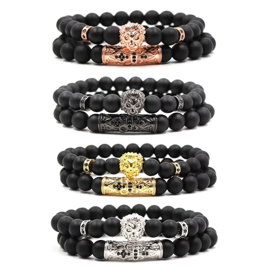 Hot Selling Fashion Jewelry Micro-Inlaid Zircon Curved Pipe Lion Head Set Frosted Stone Elastic Bracelet Pearl Gift Bangles