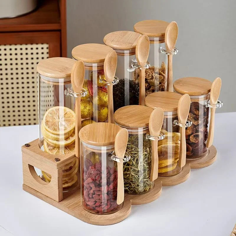 YOLOWE HOME 10oz Airtight Glass Jars with Bamboo Lids and Spoons for Home Kitchen Food Storage-Coffee Sugar Beans Tea