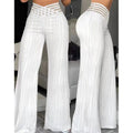 RNSHANGER Elegant High Waist Flared Pants for Women Overlap Waisted Textured Crisscross Sheer Mesh Design Female Work Trousers