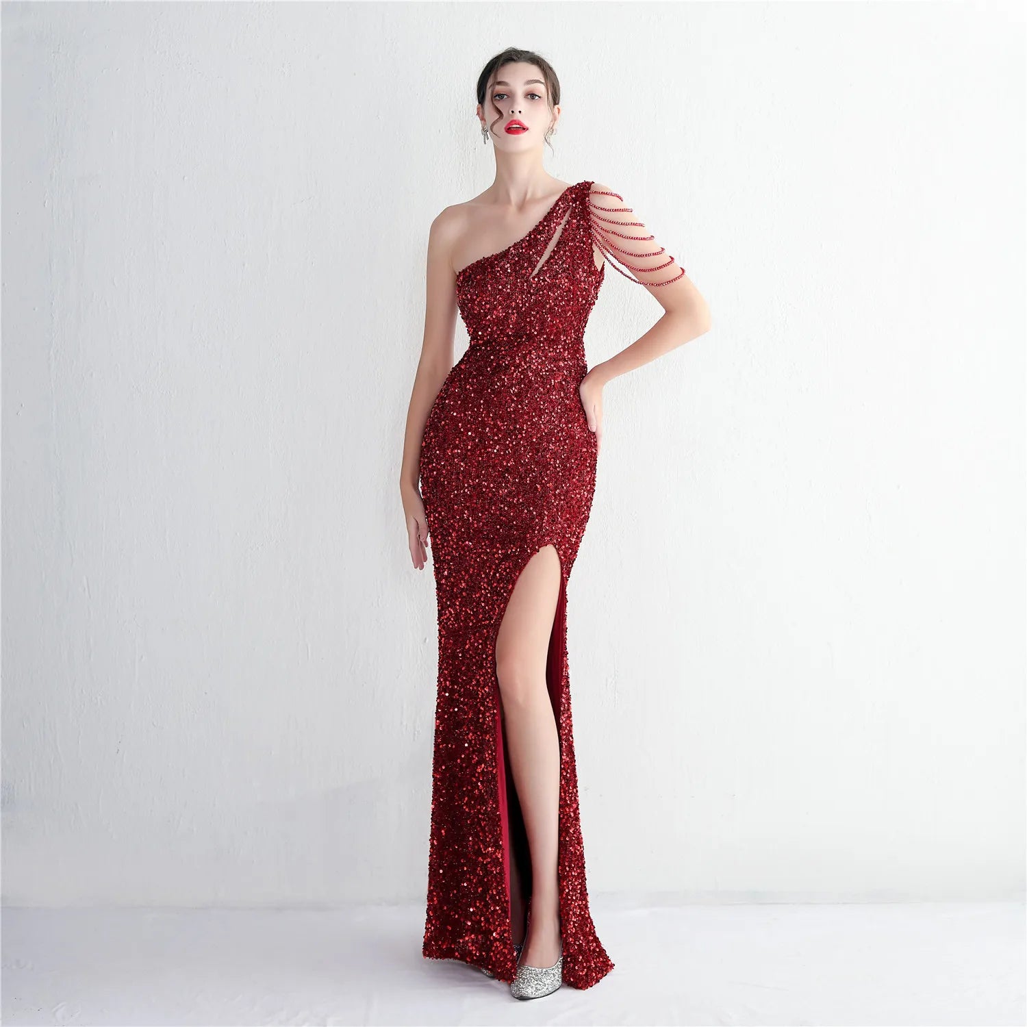 19533# Handmade Bead Craft One Shoulder Appreciation Dinner Slim-fit Fishtail Dress Wedding