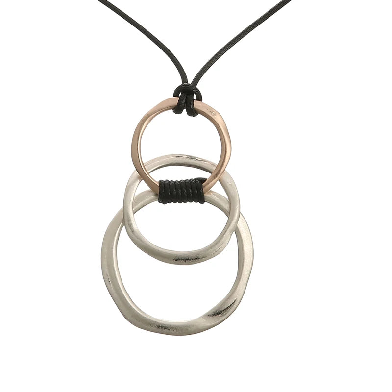 3 Hammered Concentric Circles Long Black Leather Sweater Chain  Gift for 30th Birthday Sisters