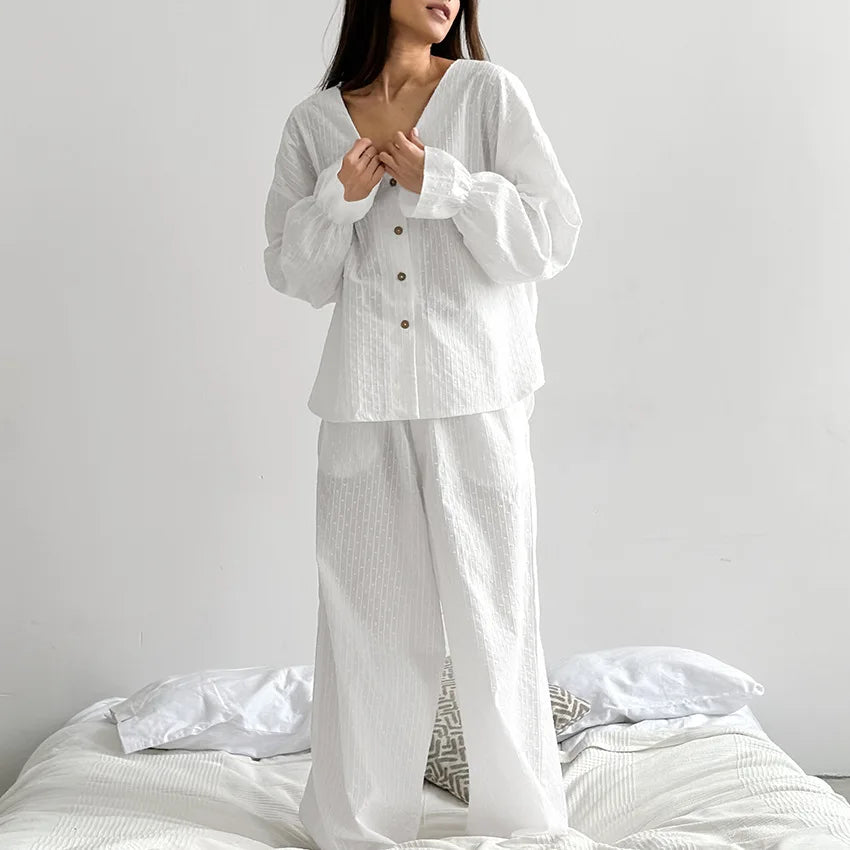 Enyami Cozy Sleep Wear 100% Cotton Women Jacquard Petal Sleeve Blouses Pants Pajamas 2 Pc Sets Manufacturers for Customs Clothes