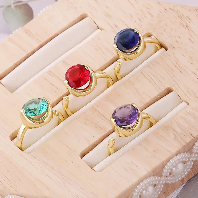 Faceted Copper Inlaid Zircon Ring Multicolor Opening Adjustable Simple Fashion Design Jewely For Women Anniversary